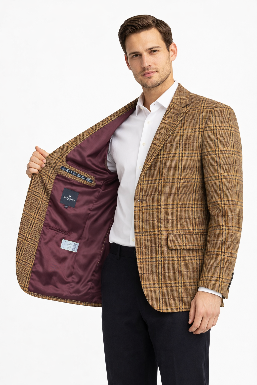 Camel Brown Tweed Check Jacket | Wool Blend Blazer