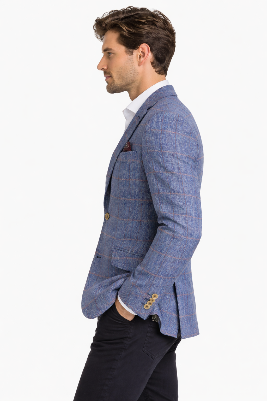Light Blue Herringbone Check Jacket | Wool Blend Blazer
