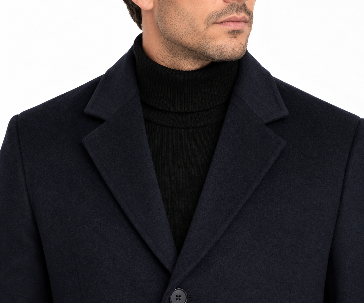 Men’s Navy Blue Wool Blend Overcoat | Knee Length Tailored Coat