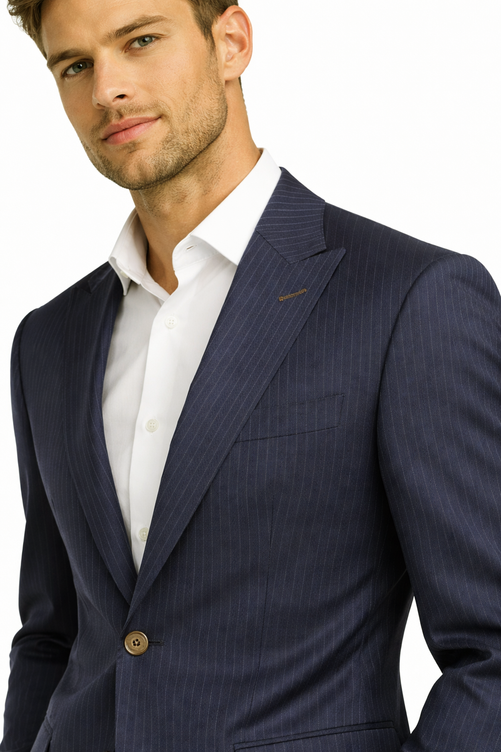 Navy Blue Pinstripe Suit Jacket | Wool Blend Peak Lapel Blazer