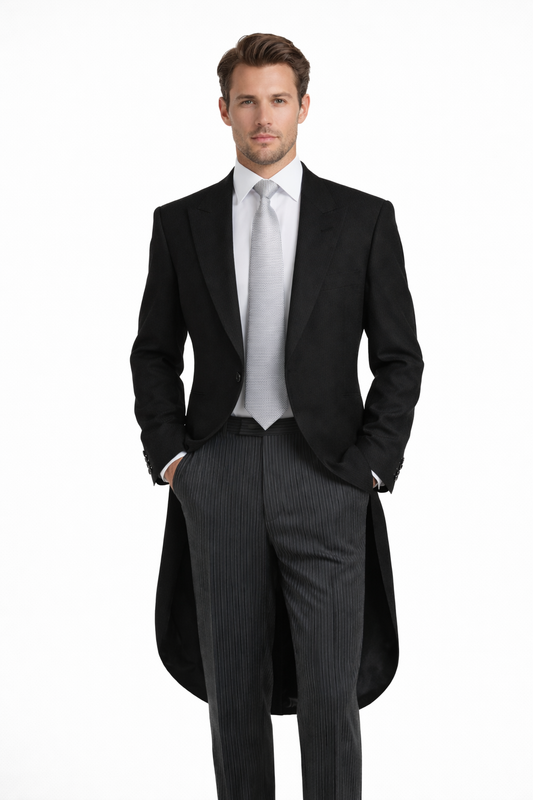 Black 2 Piece Herringbone Tailcoat Suit | Tailcoat Jacket & Pinstripe Morning Trousers