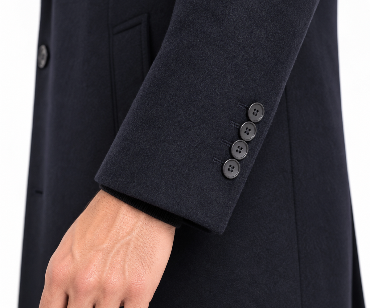 Men’s Navy Blue Wool Blend Overcoat | Knee Length Tailored Coat