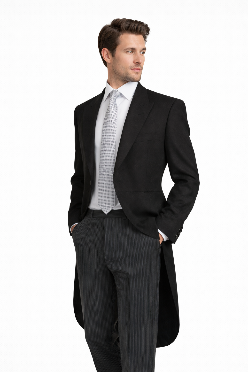 Black 2 Piece Herringbone Tailcoat Suit | Tailcoat Jacket & Pinstripe Morning Trousers