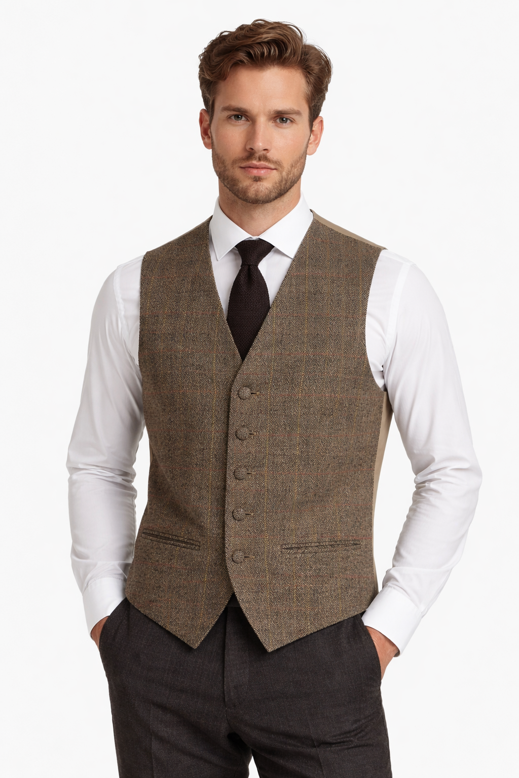 Brown Herringbone Tweed Check Waistcoat | "Anthony" Wool Vest