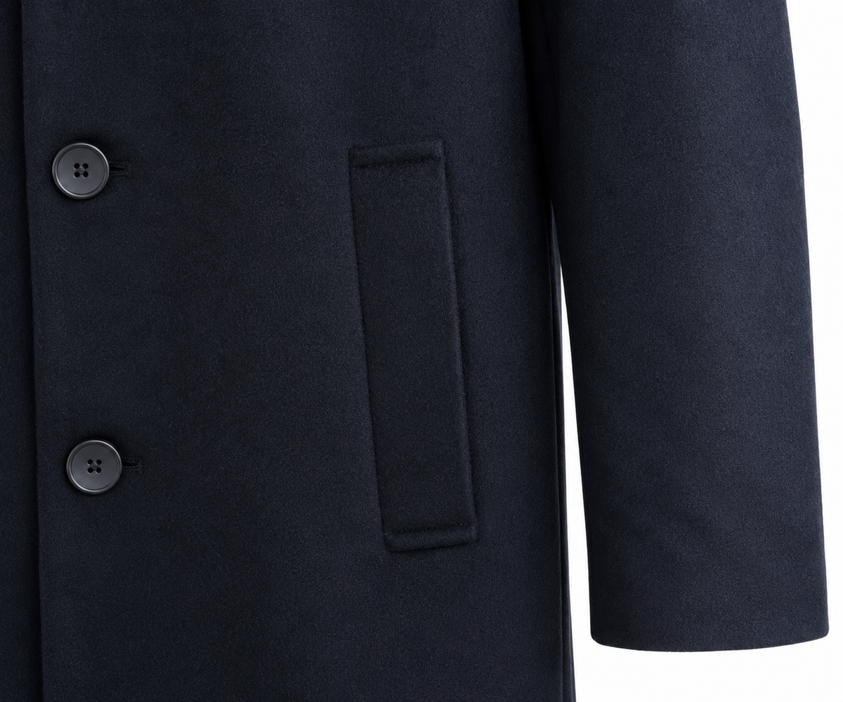 Men’s Navy Blue Wool Blend Overcoat | Knee Length Tailored Coat