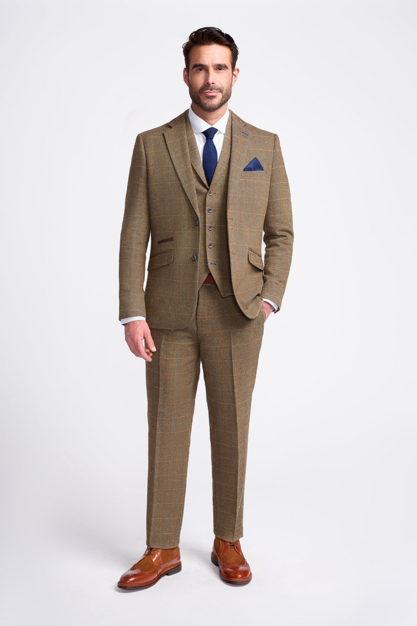 Cavani 3 Piece Tweed Suit | Albert Brown Herringbone | Wool Slim Fit