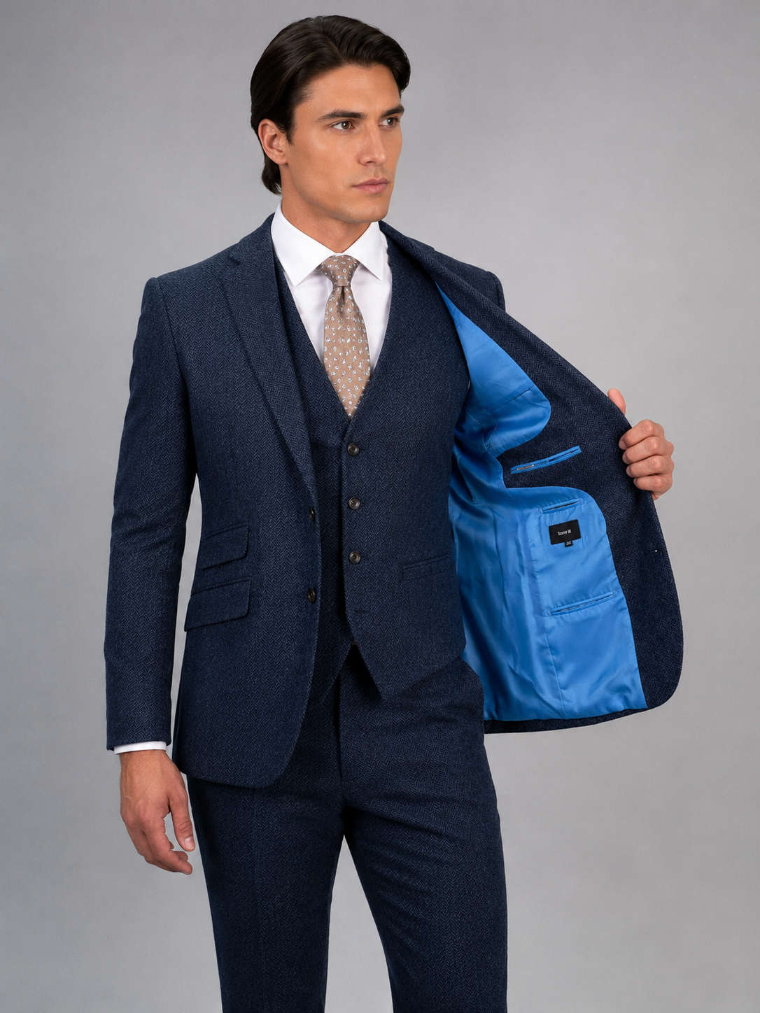Torre Blue Herringbone Yorkshire Mill Tweed 3 Piece Suit | 100% Wool | Regular Fit