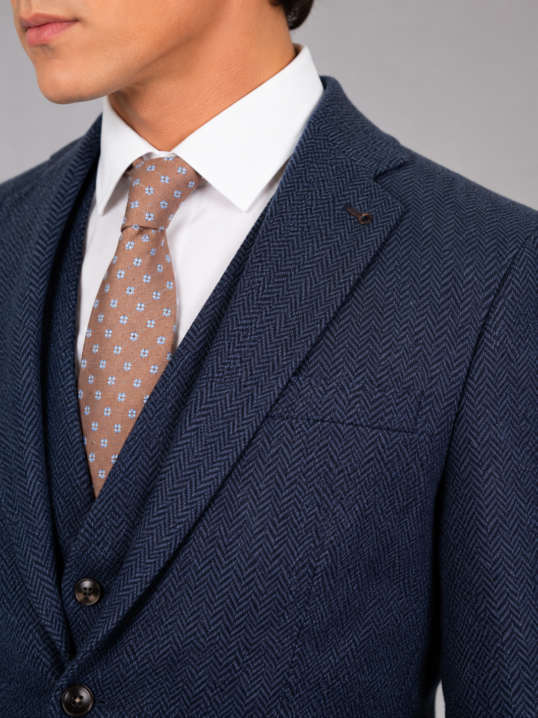 Torre Blue Herringbone Yorkshire Mill Tweed 3 Piece Suit | 100% Wool | Regular Fit