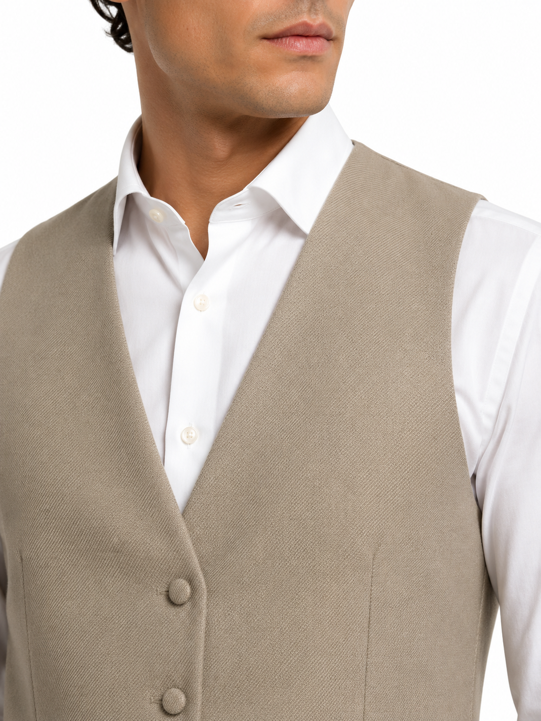 Beige Buff Wool Single Breasted Twill Waistcoat