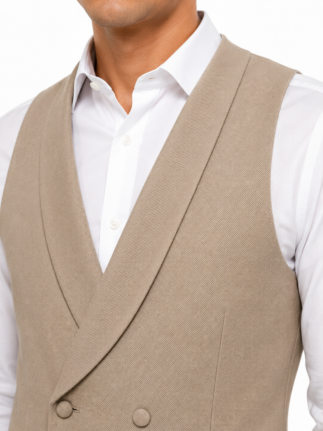 Beige Buff Wool Double Breasted Twill Waistcoat