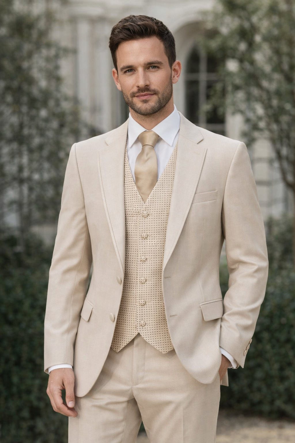 Beige Wool 3 Piece Suit | Classic Fit | Jacket, Trousers & Waistcoat