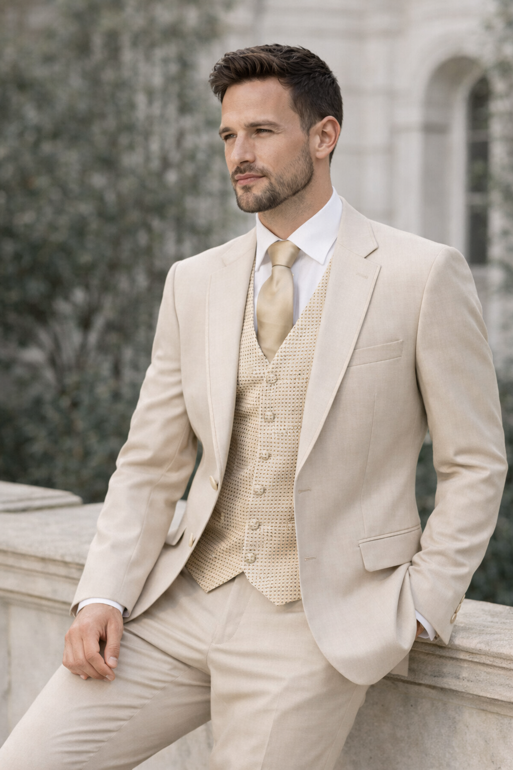 Beige Wool 3 Piece Suit | Classic Fit | Jacket, Trousers & Waistcoat