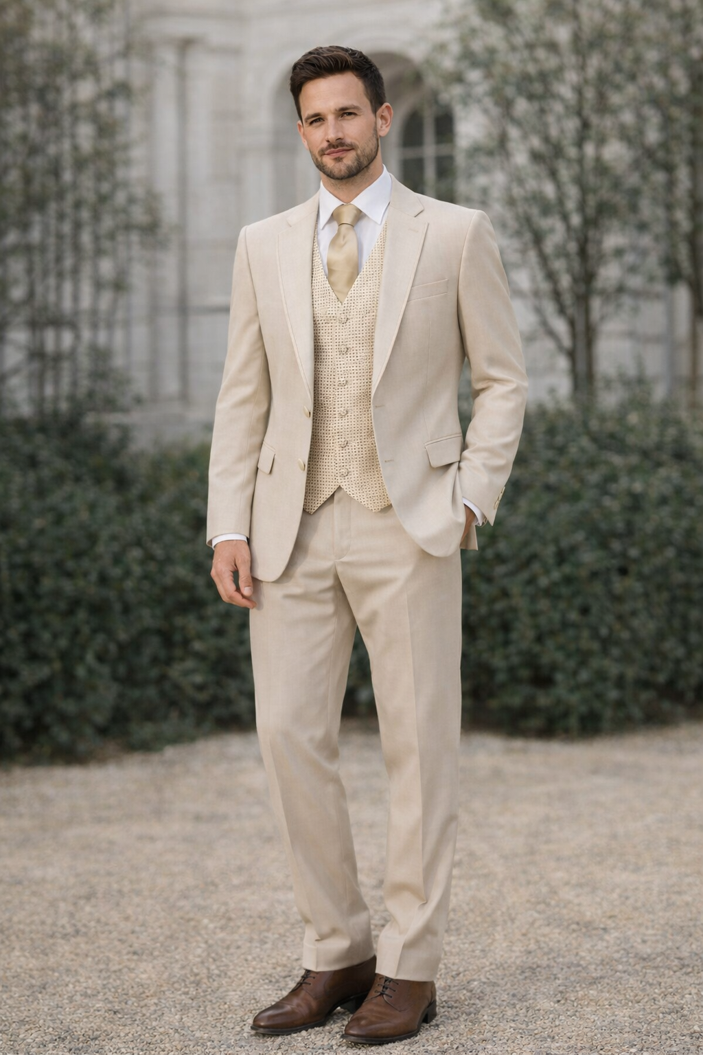 Beige Wool 3 Piece Suit | Classic Fit | Jacket, Trousers & Waistcoat