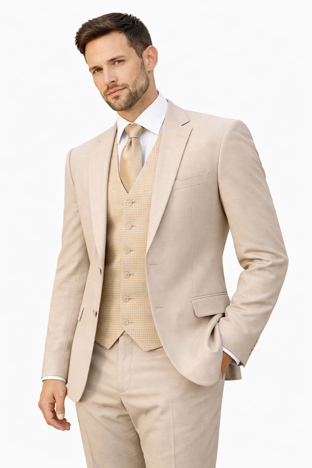 Beige Wool 3 Piece Suit | Classic Fit | Jacket, Trousers & Waistcoat