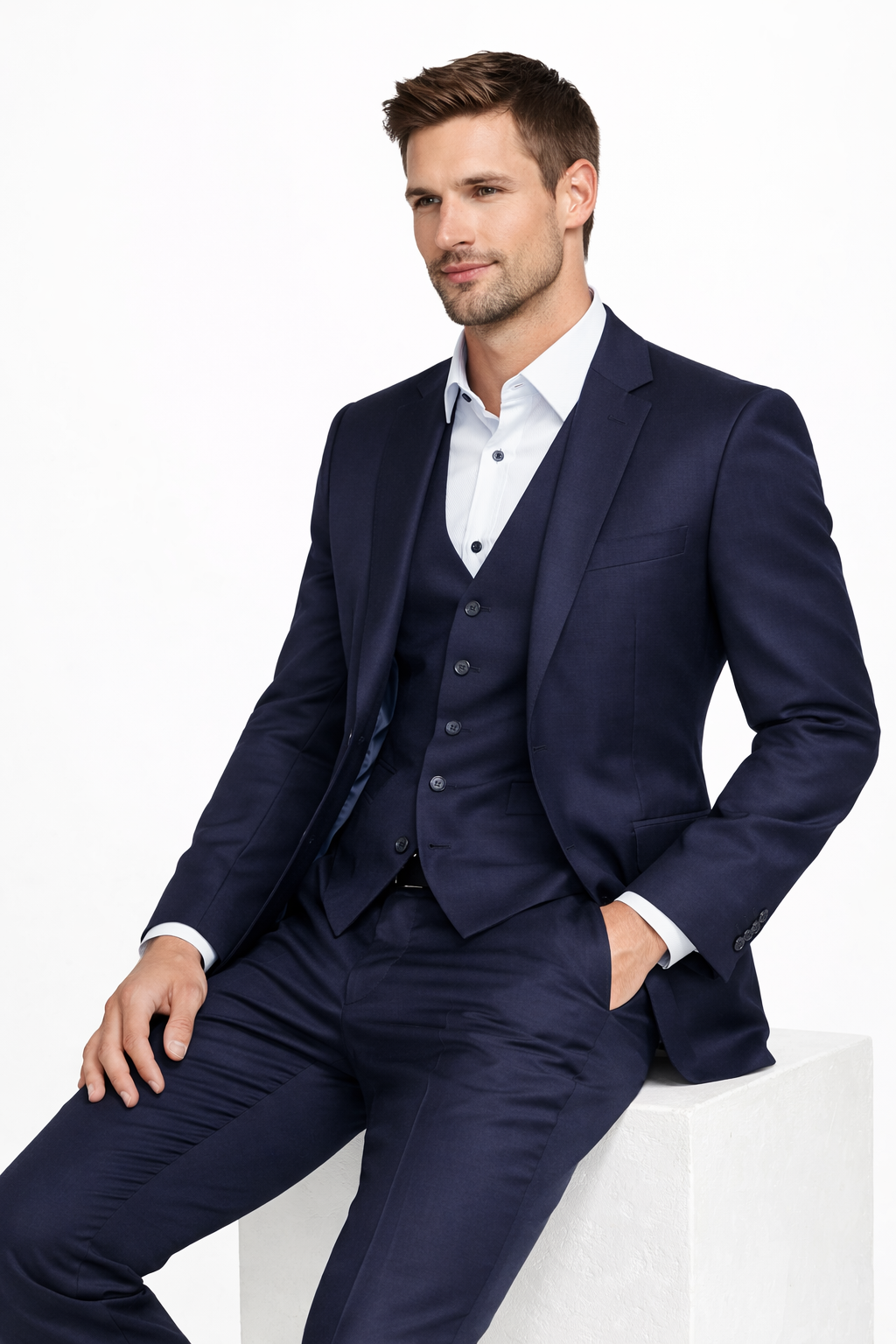 Ben Sherman Navy Blue 3 Piece Suit | 100% Wool, Slim Fit | Jacket, Trousers & Waistcoat