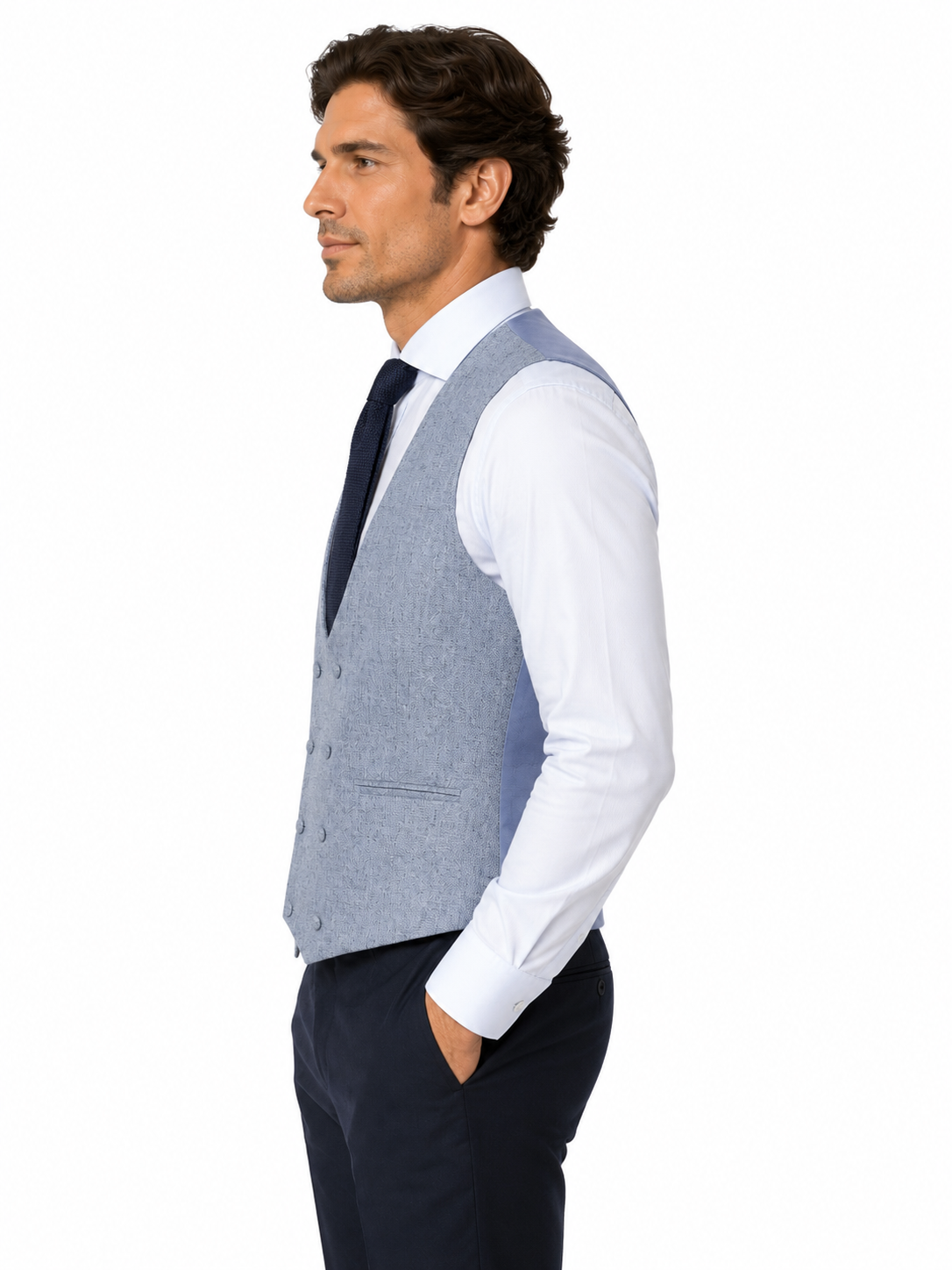 Powder Blue Double Breasted Scooped Tweed Waistcoat