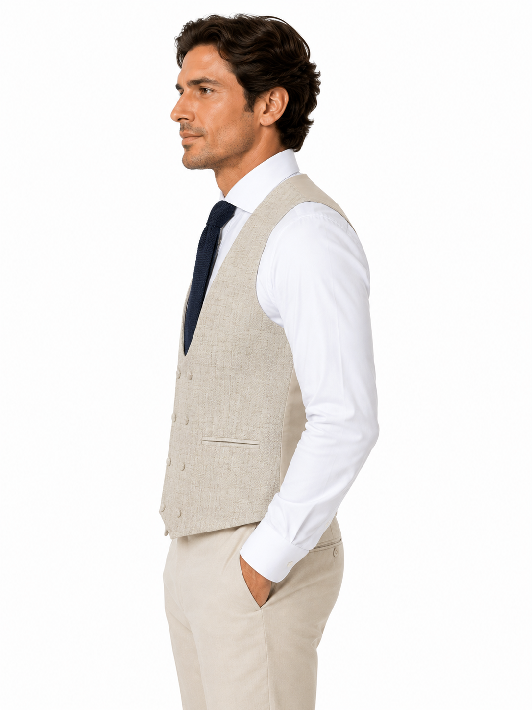 Beige Buff Double Breasted Scooped Tweed Waistcoat