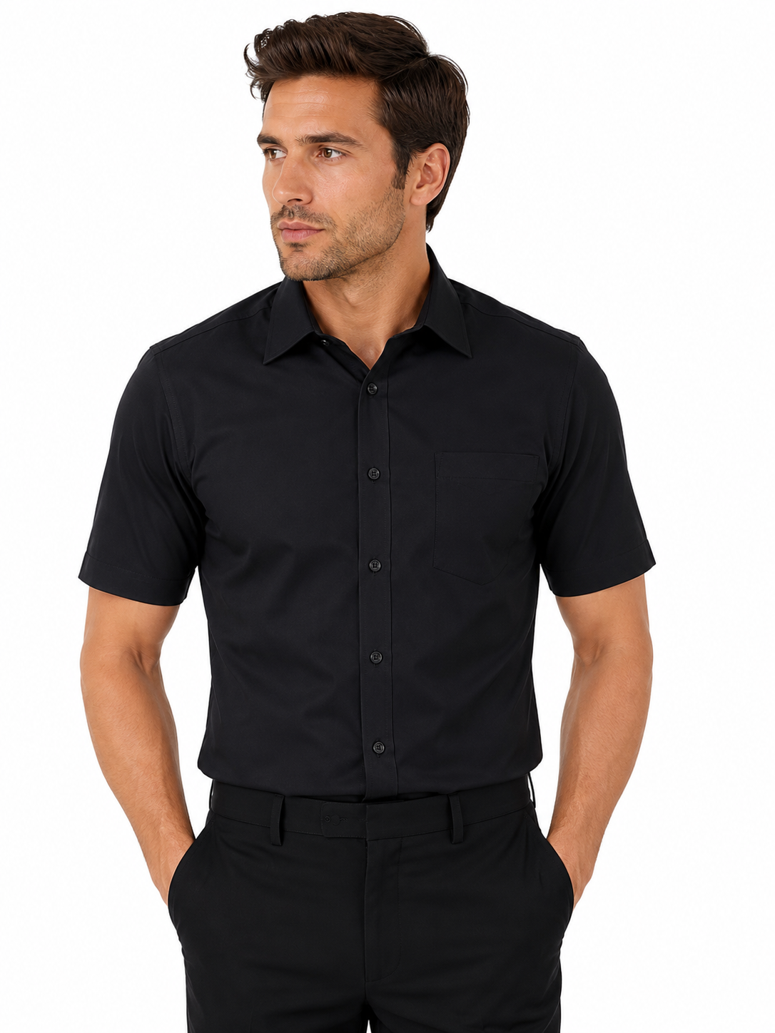 Black Short Sleeve Shirt | Regular Collar | Tailored Fit