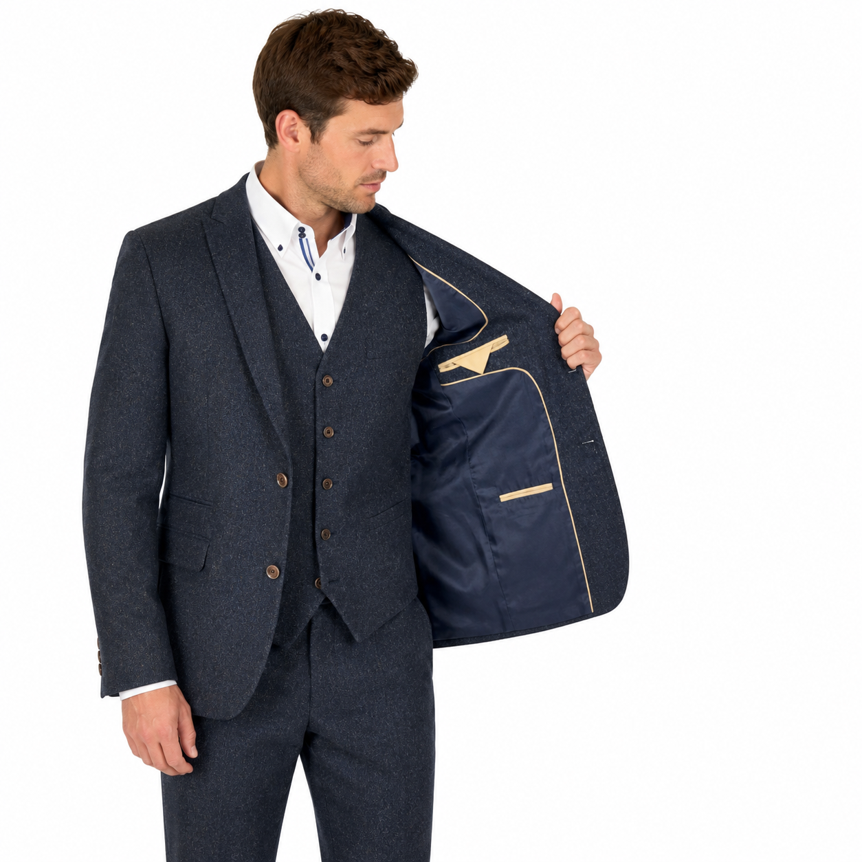 Navy Blue Tweed 3 Piece Suit | Donegal Wool | Jacket, Trouser & Waistcoat
