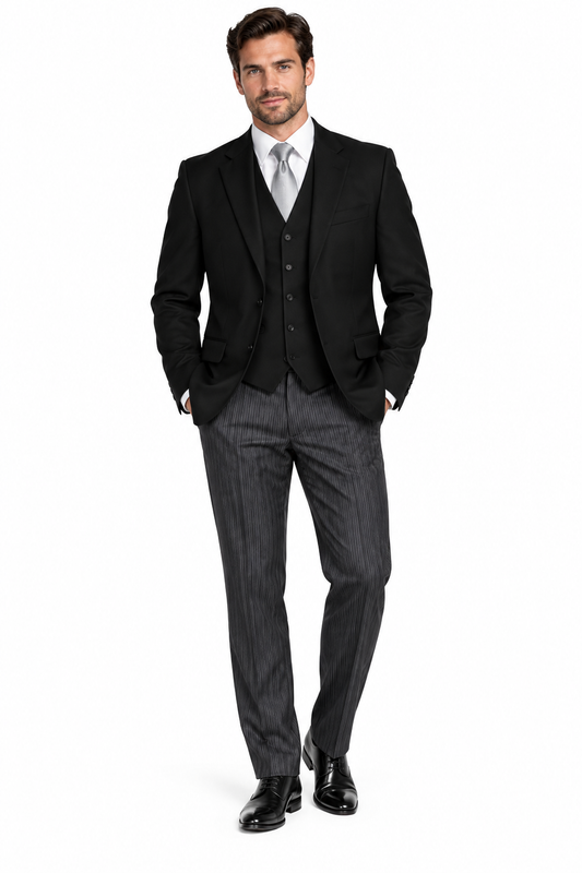 Plain Black 3 Piece Masonic Suit | Formal Short Jacket, Waistcoat & Pinstripe Trousers | Masons Freemason Suit