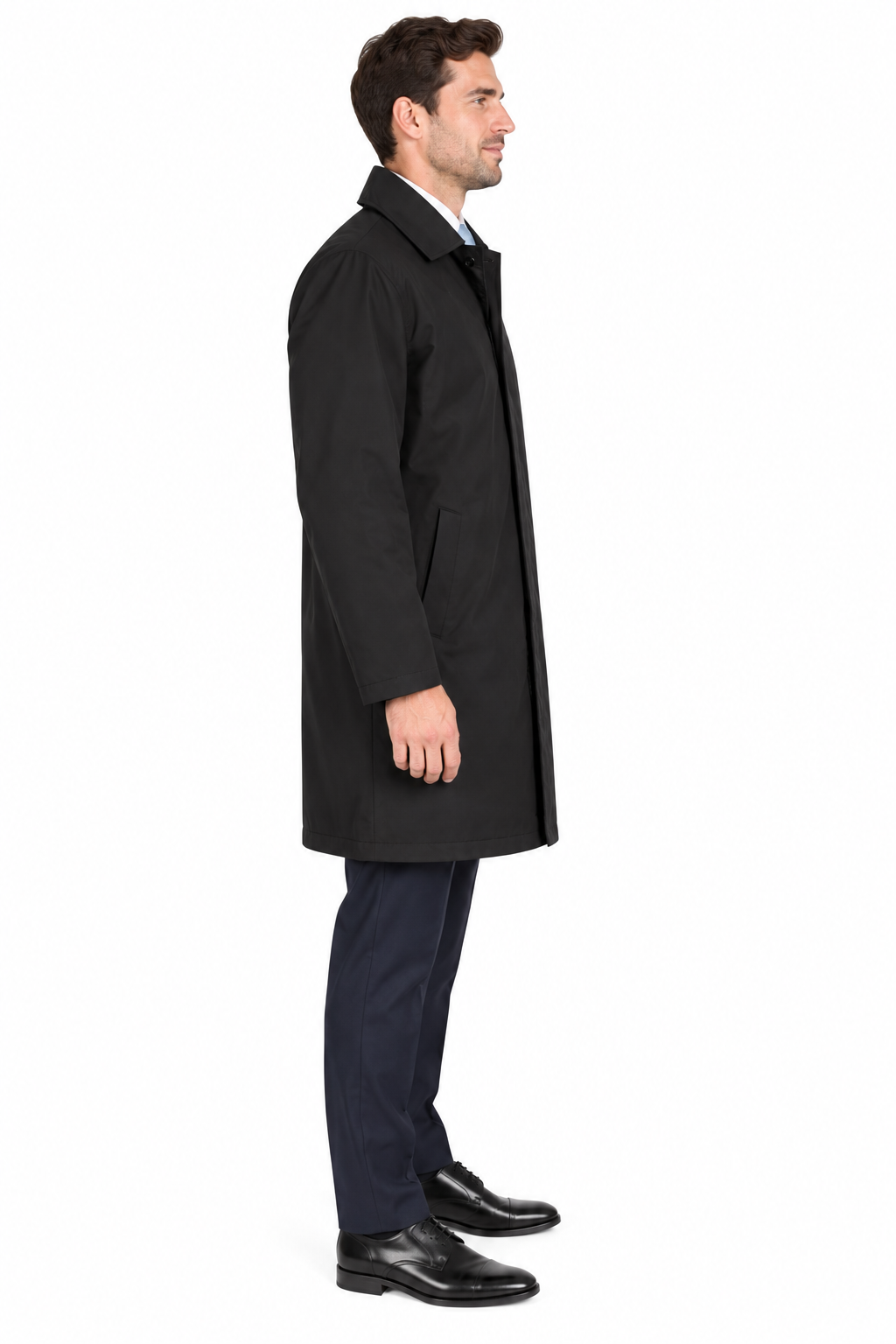 Black Formal Raincoat with Covered Buttons | Fully Lined