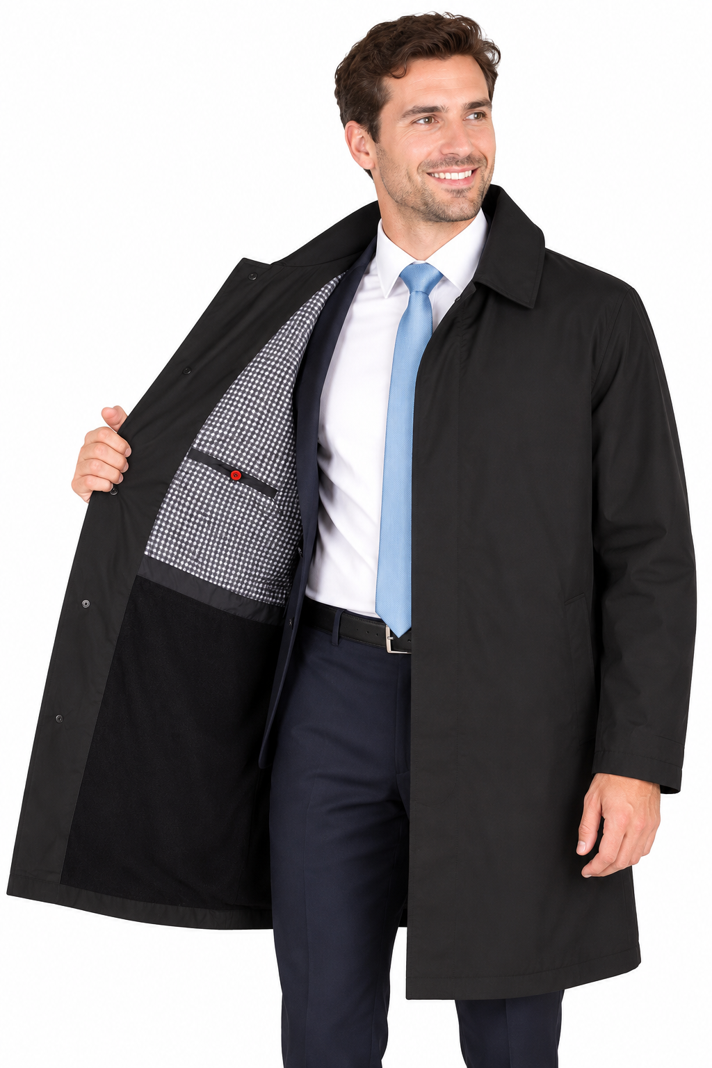 Black Formal Raincoat with Covered Buttons | Fully Lined