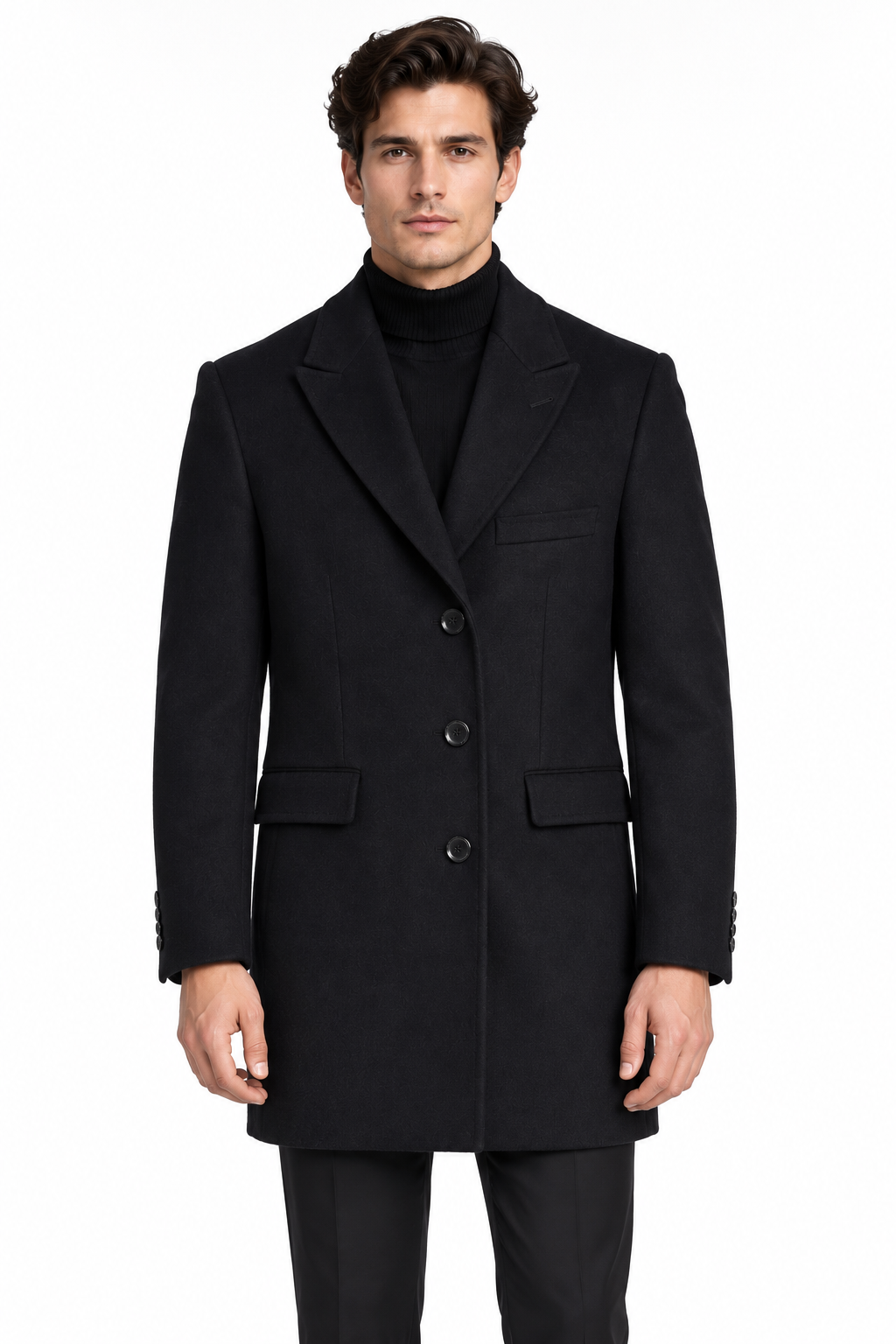 Vistula Black Cashmere & Wool Peak Lapel Overcoat | Slim Fit