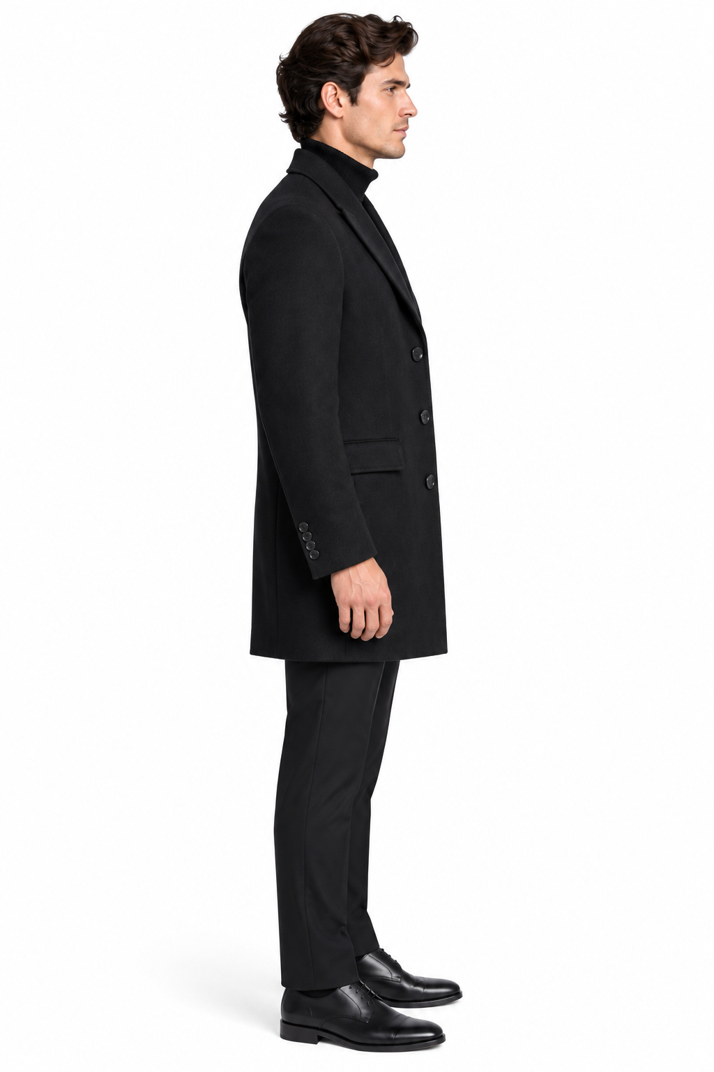 Vistula Black Cashmere & Wool Peak Lapel Overcoat | Slim Fit