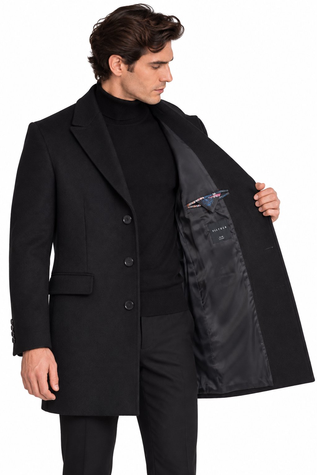 Vistula Black Cashmere & Wool Peak Lapel Overcoat | Slim Fit