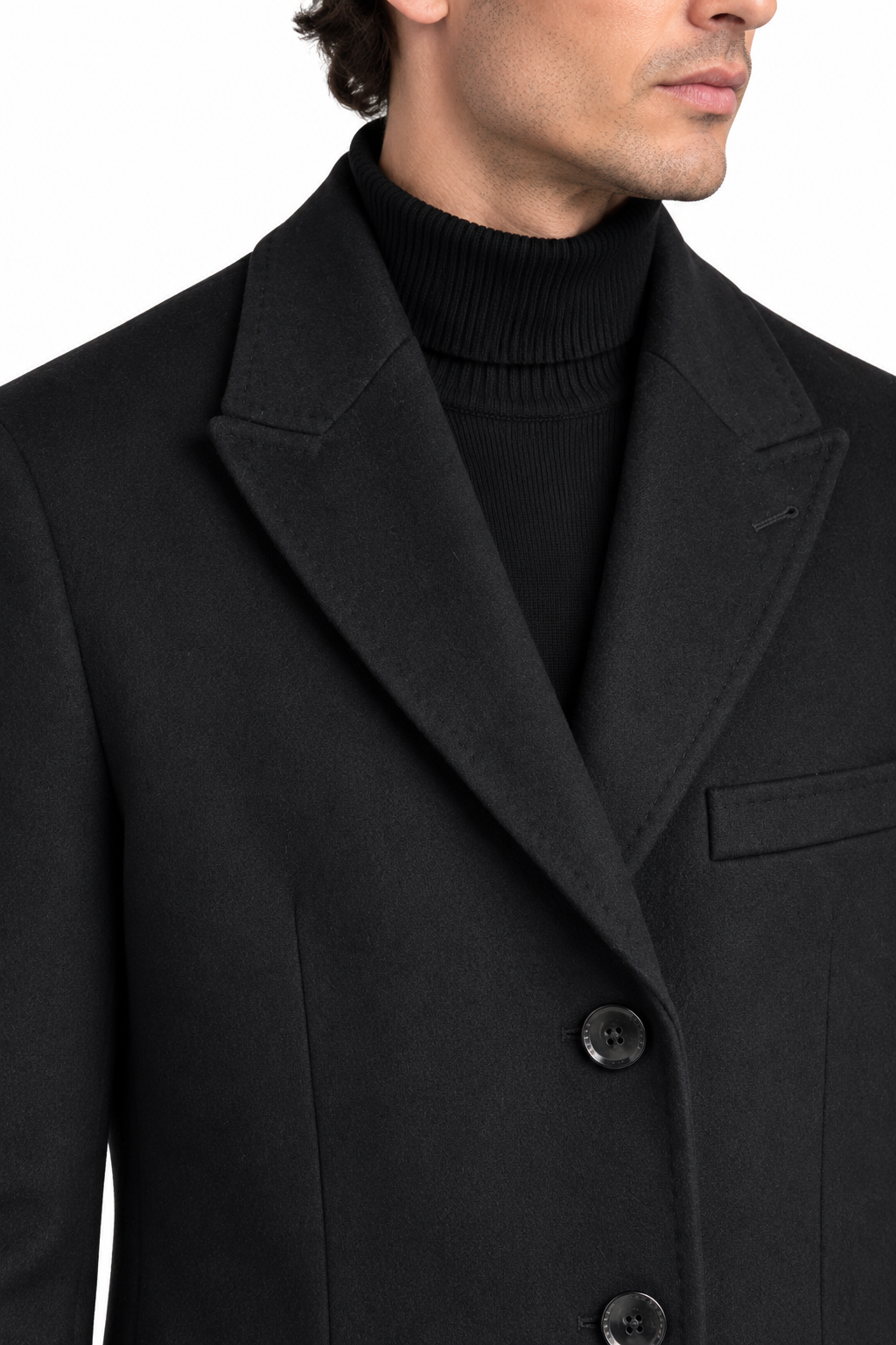Vistula Black Cashmere & Wool Peak Lapel Overcoat | Slim Fit