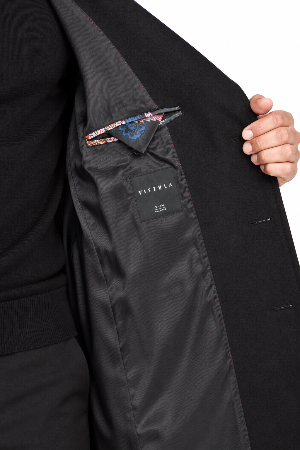 Vistula Black Cashmere & Wool Peak Lapel Overcoat | Slim Fit