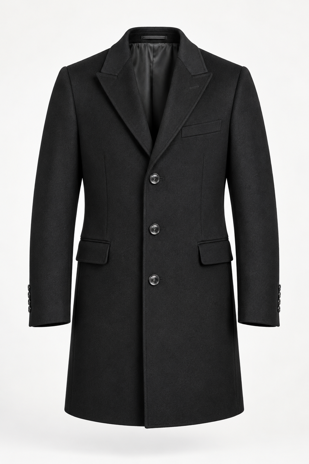 Vistula Black Cashmere & Wool Peak Lapel Overcoat | Slim Fit