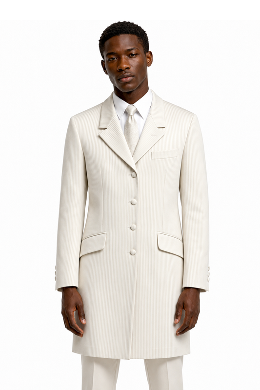 Ivory Cream Striped Prince Edward 3/4 Jacket | Long Wool Formal Blazer