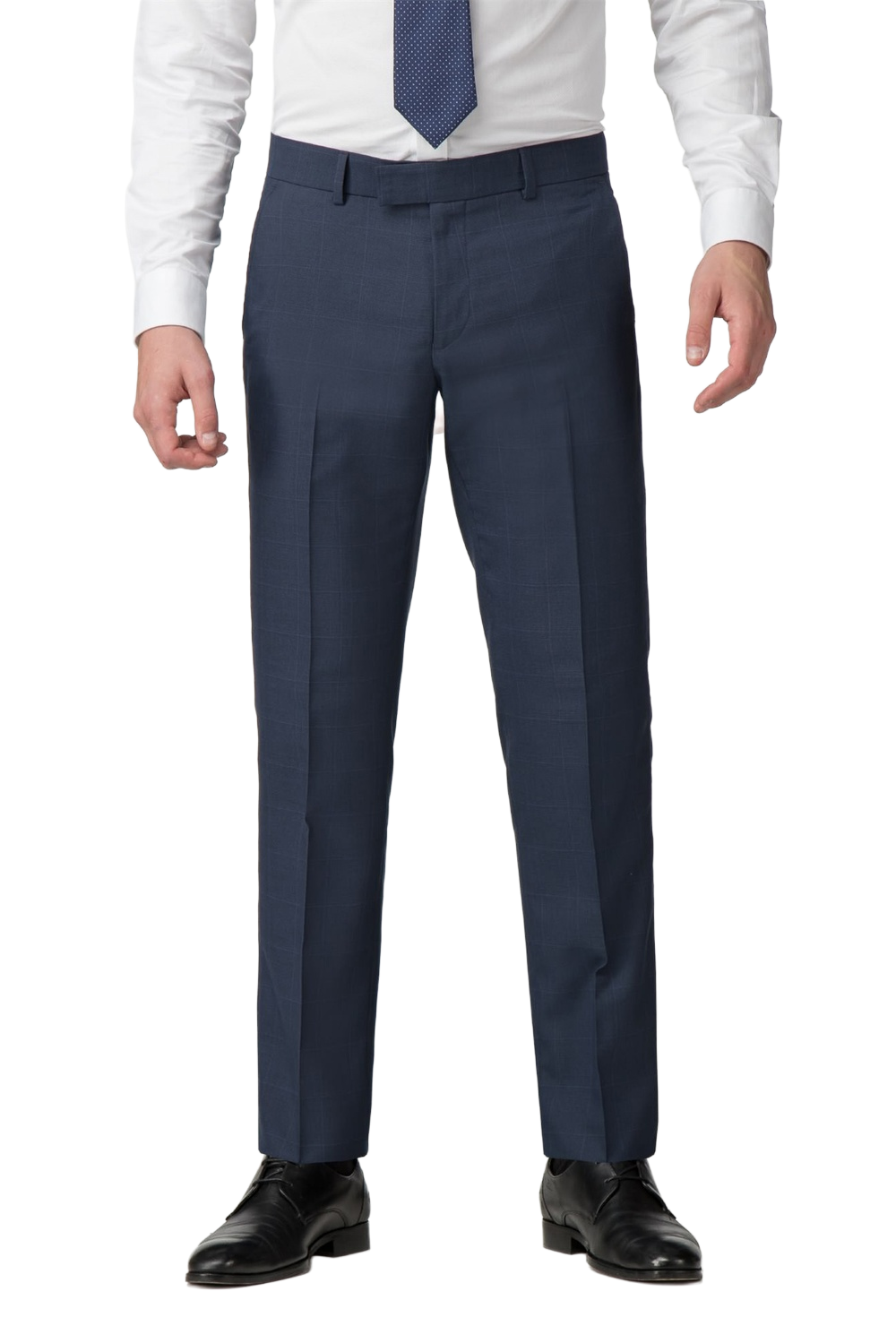 Blue Check Tailored Fit Dress Trousers | Flat Fronted, Belt Loops