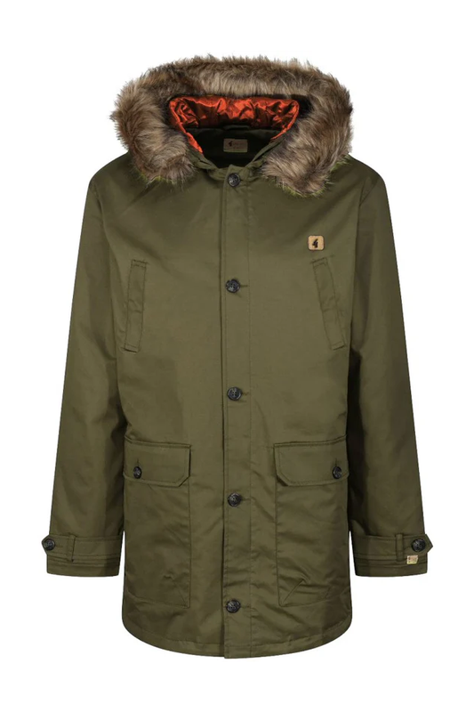 Gabicci Vintage Parka Coat | Cotton Green Raincoat with Removable Fur Hood