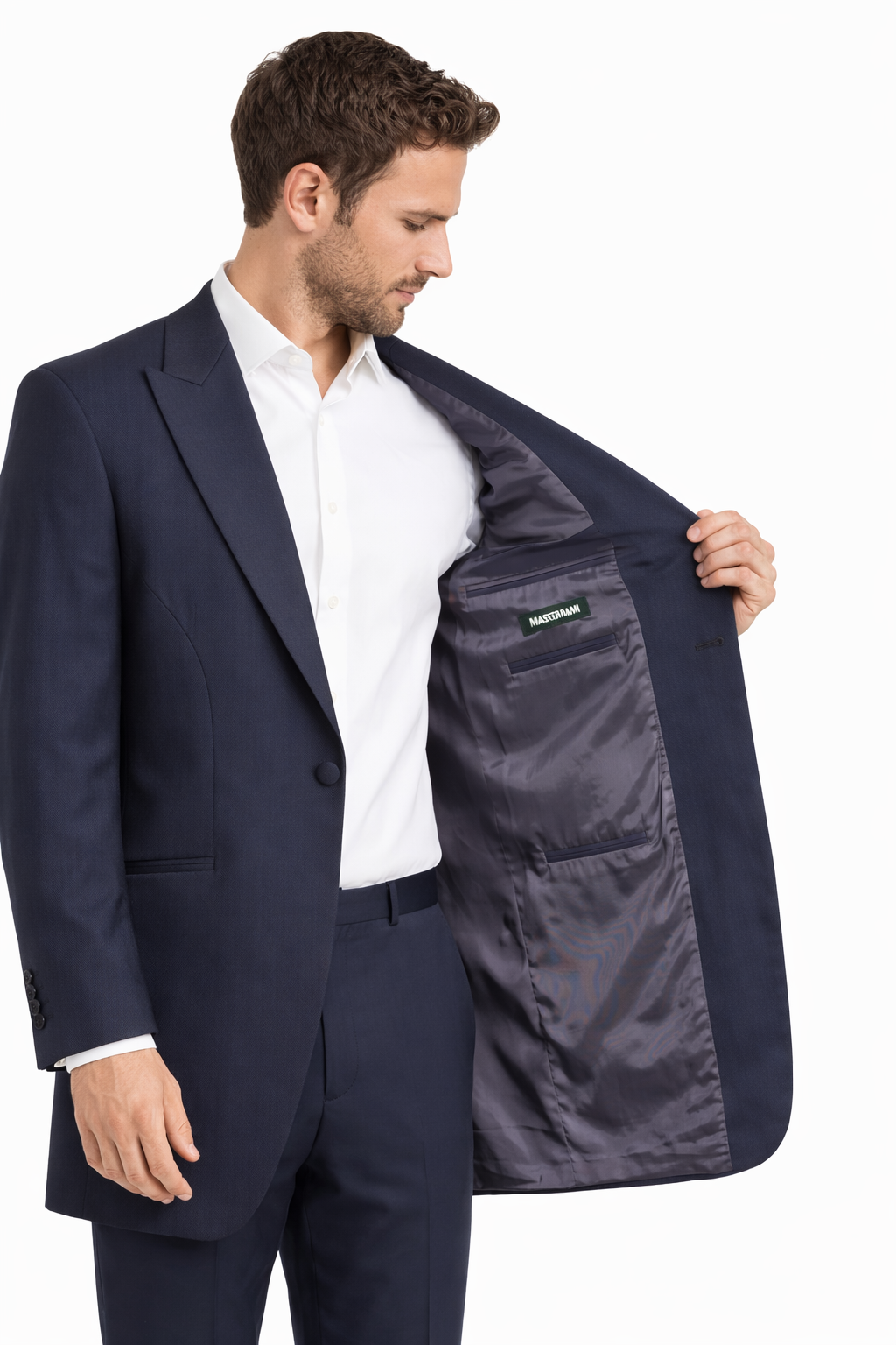 Navy Blue Herringbone Suit Jacket 100% Wool | Longer Line Blazer