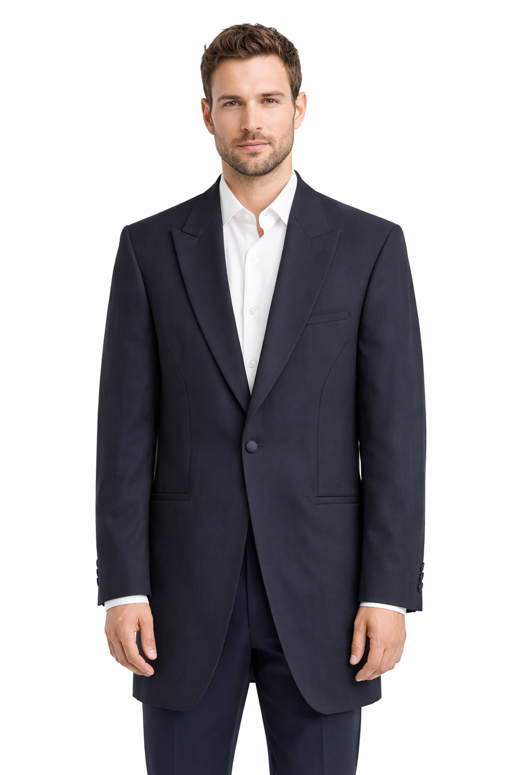 Navy Blue Herringbone Suit Jacket 100% Wool | Longer Line Blazer