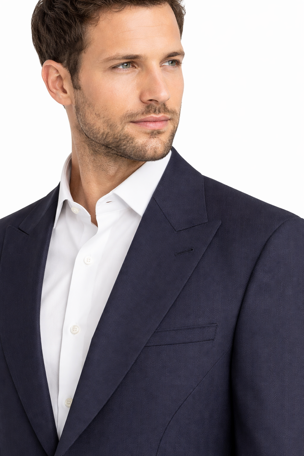 Navy Blue Herringbone Suit Jacket 100% Wool | Longer Line Blazer