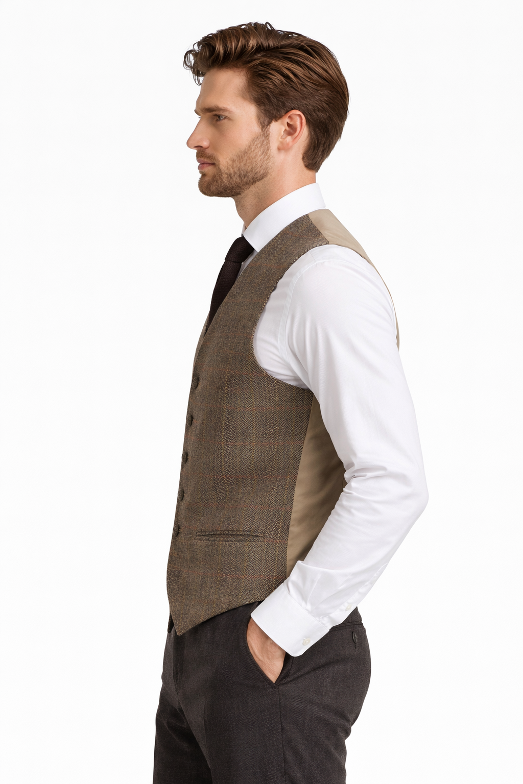 Brown Herringbone Tweed Check Waistcoat | "Anthony" Wool Vest