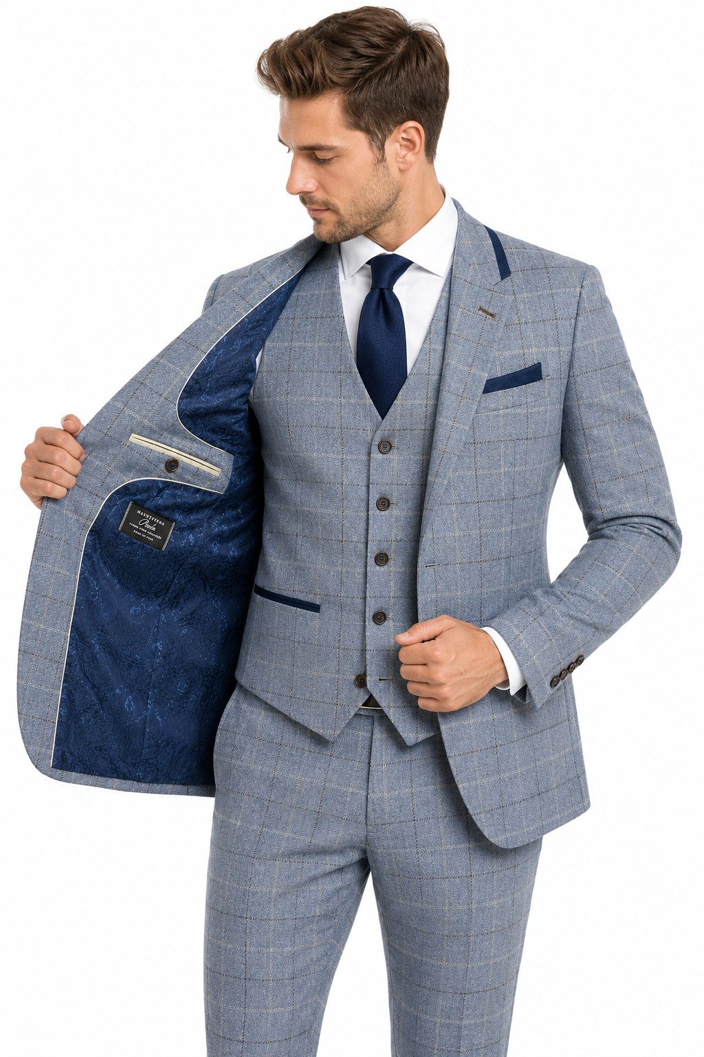 Light Blue Check 3 Piece Suit | Made in Italy | Slim Fit | Manifattura Paola