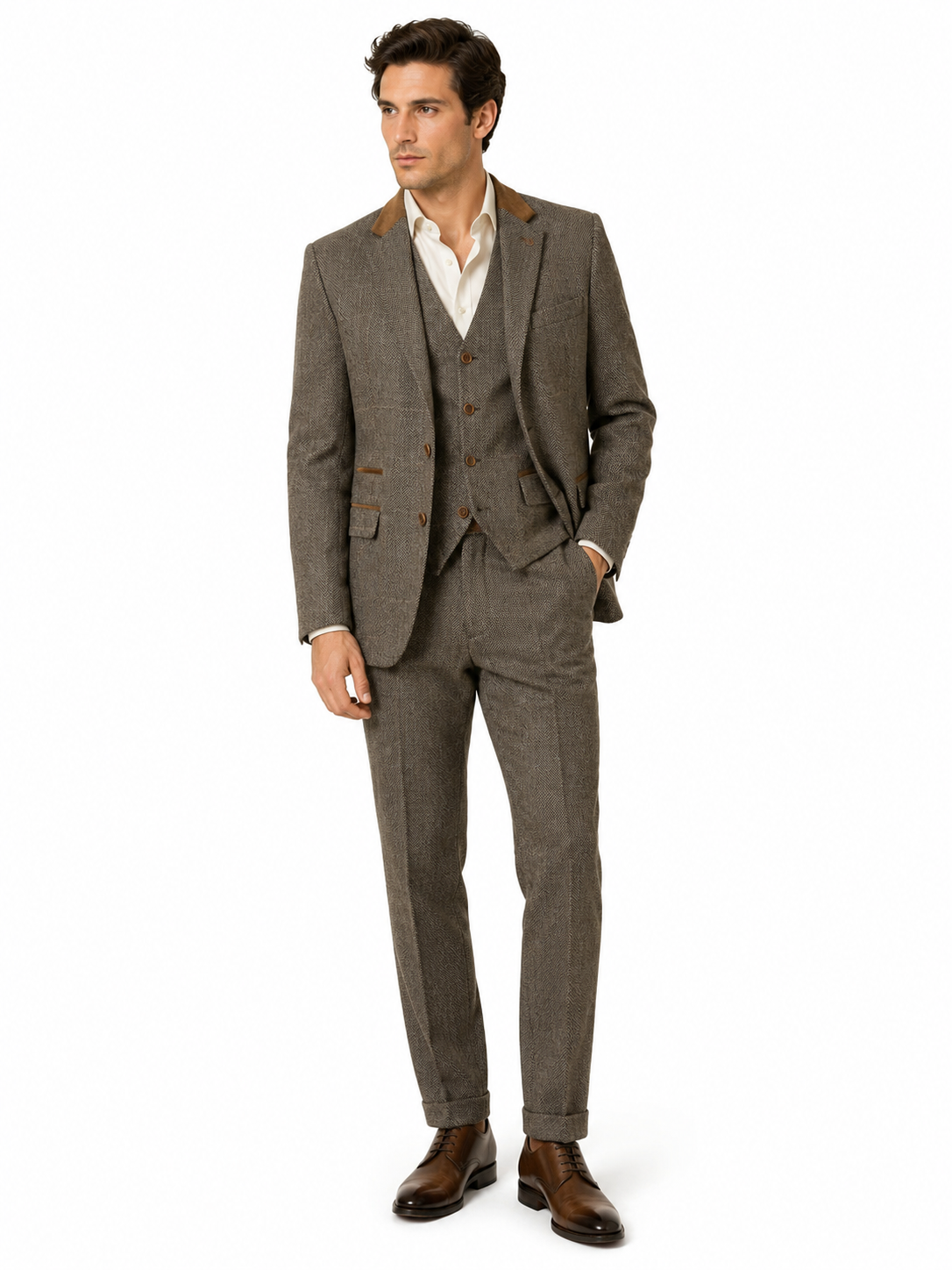 Taupe Brown Herringbone Check 3 Piece Suit | Made in Italy | Slim Fit | Manifattura Paola
