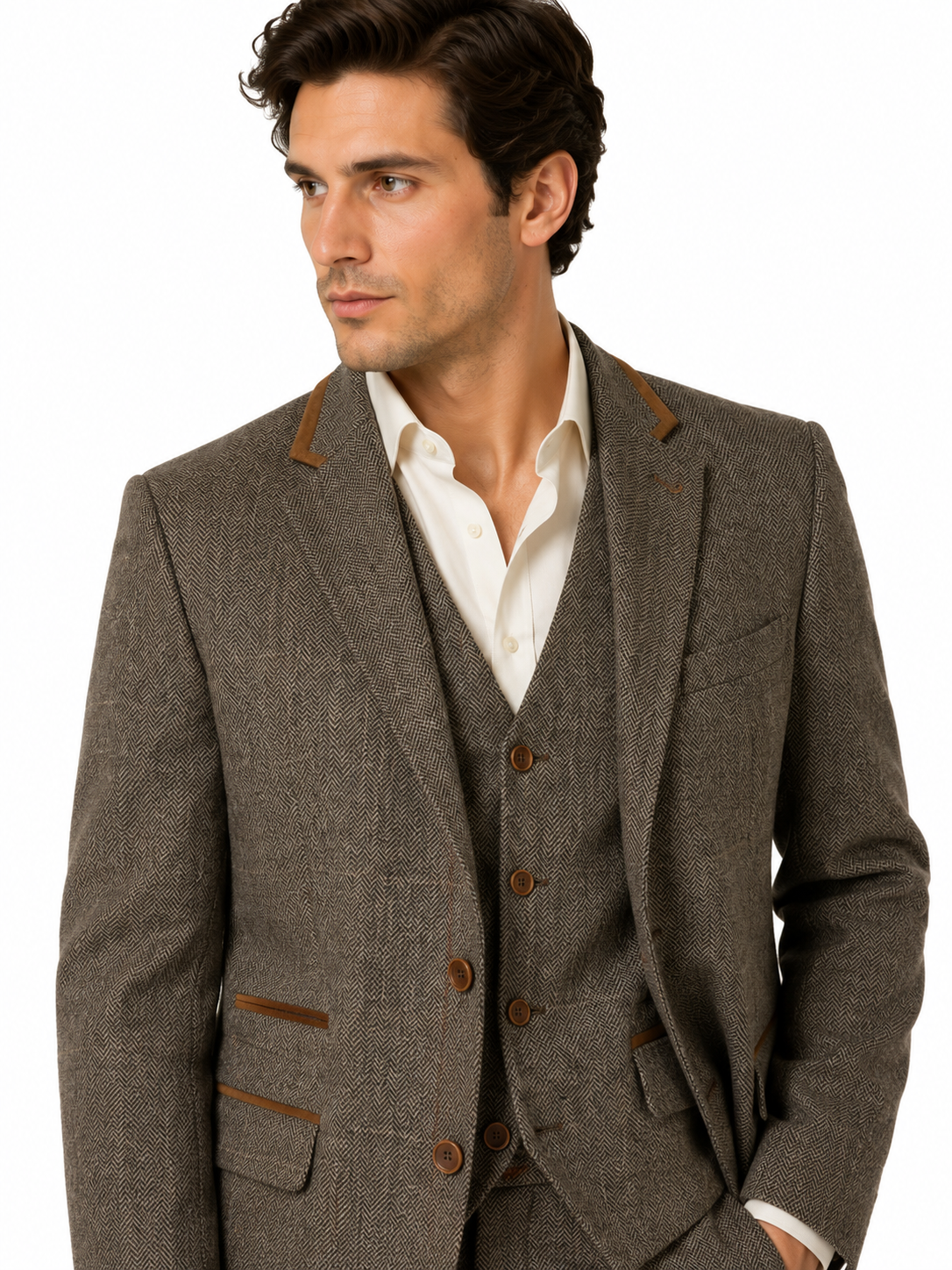 Taupe Brown Herringbone Check 3 Piece Suit | Made in Italy | Slim Fit | Manifattura Paola
