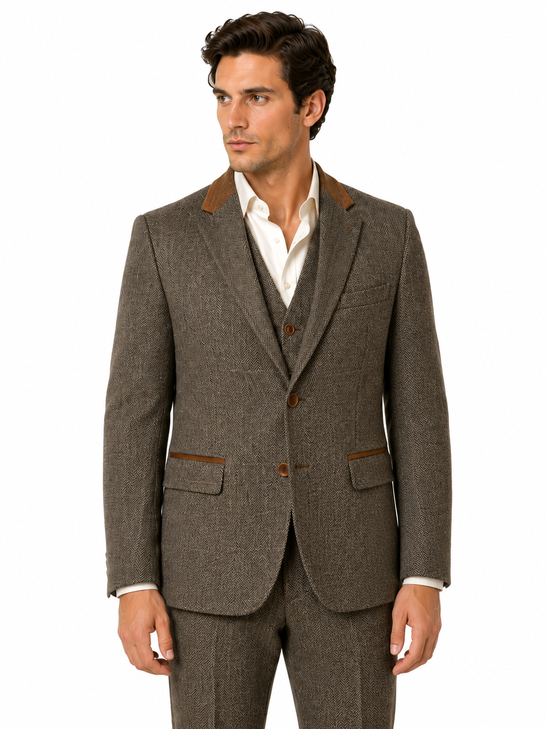 Taupe Brown Herringbone Check 3 Piece Suit | Made in Italy | Slim Fit | Manifattura Paola