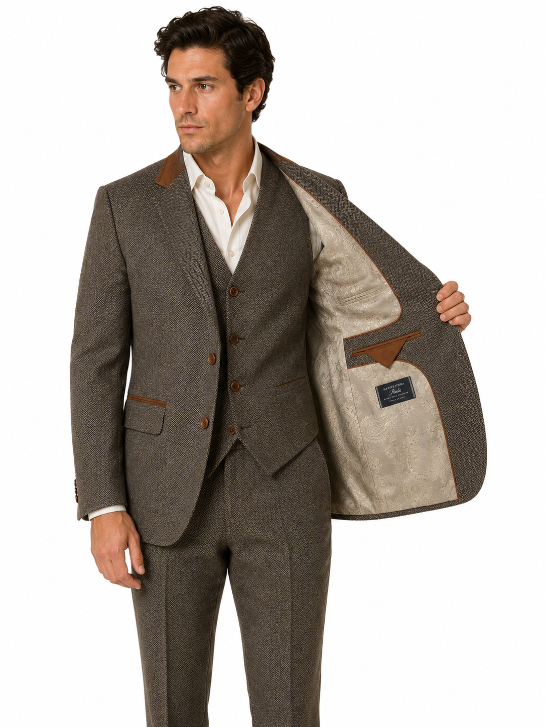 Taupe Brown Herringbone Check 3 Piece Suit | Made in Italy | Slim Fit | Manifattura Paola