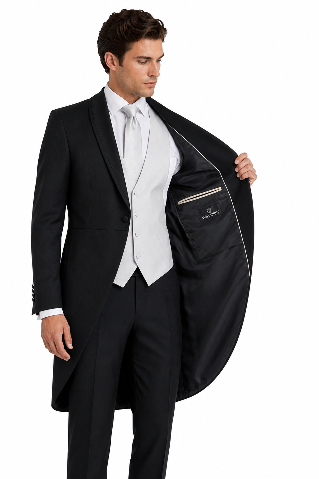 Black Striped Tailcoat Jacket with Shawl Collar | 100% Wool | Pre-Loved "Ex-Hire"