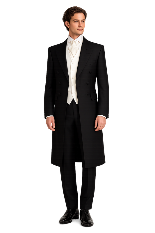 Black Frockcoat 100% Wool Jacket | Double Breasted Herringbone Morning Coat | Pre-Loved "Ex-Hire"