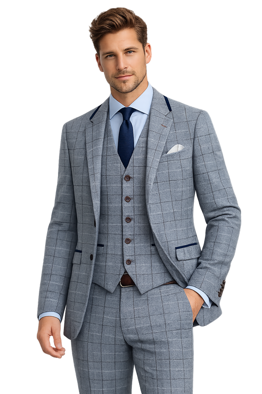 Light Blue Check 3 Piece Suit | Made in Italy | Slim Fit | Manifattura Paola