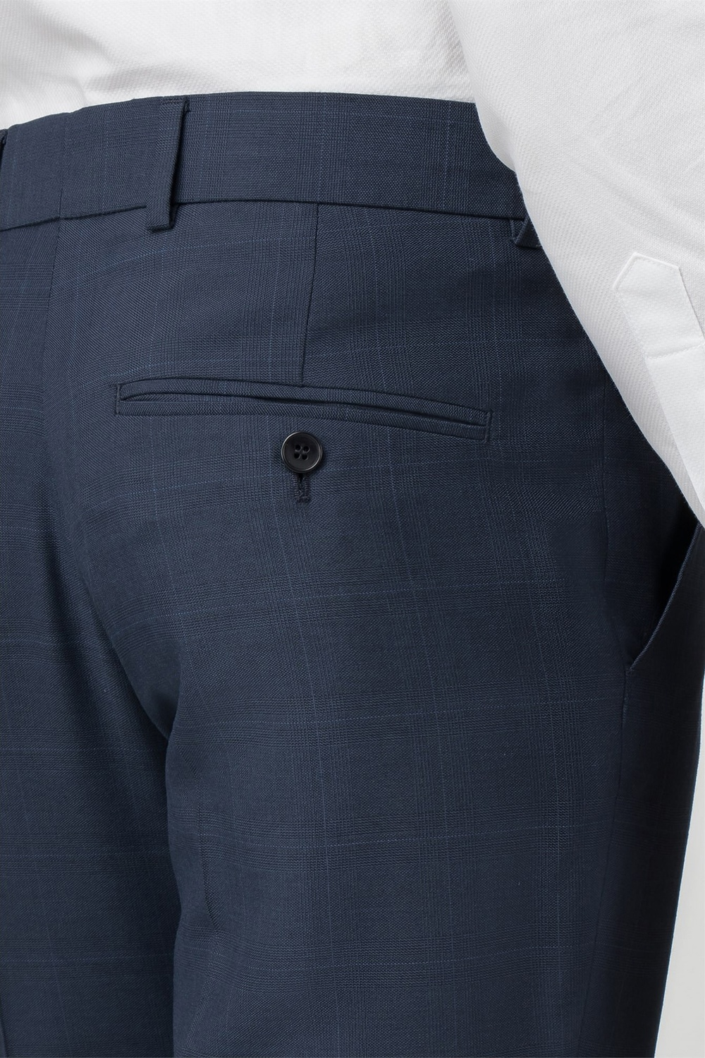 Blue Check Tailored Fit Dress Trousers | Flat Fronted, Belt Loops