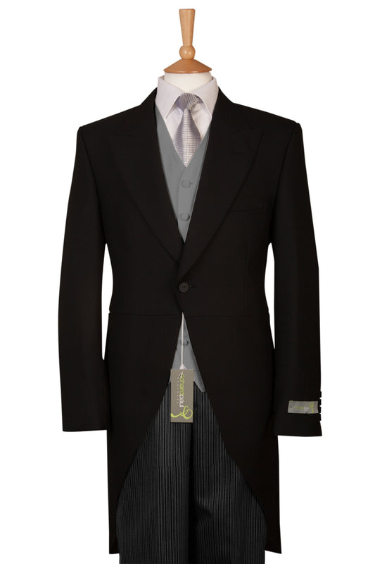 Black 2 Piece Tailcoat Suit with Herringbone Jacket & Grey Pinstripe Trousers