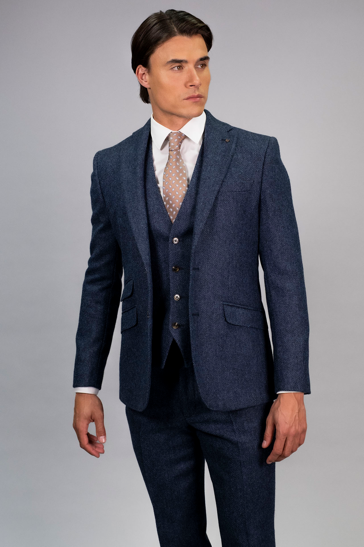 Torre Blue Herringbone Yorkshire Mill Tweed 3 Piece Suit | 100% Wool | Regular Fit